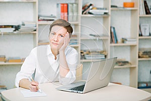 Woman office worker upset health feeling illness fatigue