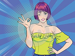 Woman okay gesture action pop art comics