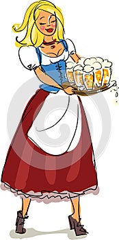 A woman Oktoberfest waitress wearing a traditional German dress serving beer mugs on brewfest, hand drawn cartoon