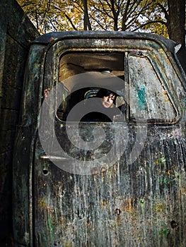 Woman in old truk