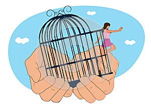 Woman open cage Overcoming fear and doubt. Escaping comfort zone. Psychological concept of freedom and risk. independent woman get