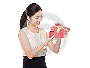 Woman open with gift box