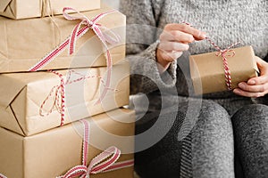 Woman open the gift box. Christmas, birthday or new year concept