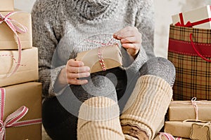 Woman open the gift box. Christmas, birthday or new year concept