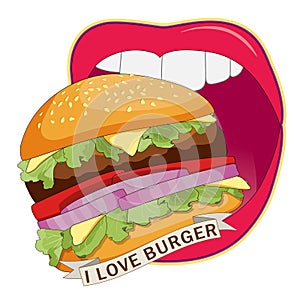 Woman open mouth eating burger ordered on the fast food menu. Hamburger with cutlet, tomatoes and onion. Logo icon vector