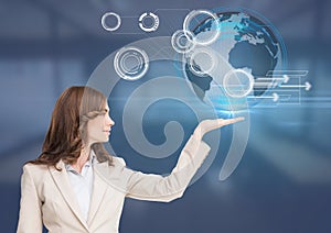 Woman with open palm hand under world earth globe interface