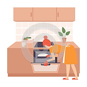 Woman opened the oven and looks at the dough. Vector illustration.