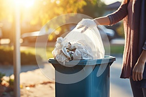 Woman opening bin to throw trash bag at morning. Generate Ai