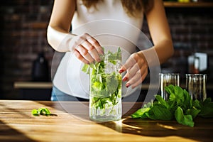 woman opening a bottle of rum for making mojito cocktail