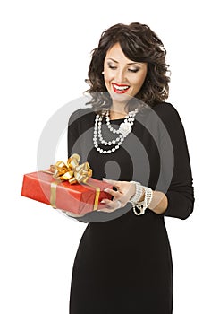 Woman Opening Gift Box, Happy Girl with Red Present