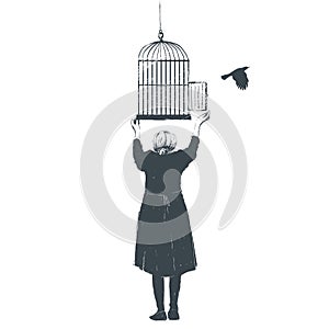 A woman opens the cage from which the bird flies. Vector illustration, sketch