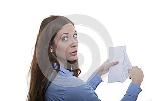 Woman opens envelope