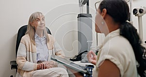Woman, optometrist and doctor with tablet for exam with patient in office with spectacles for insurance. Optometry, eye