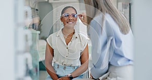 Woman, optometrist and glasses with vision for lens frame, eye check and advice at ophthalmology clinic. Female customer