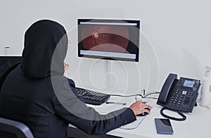 Woman optometrist, retina and medical computer for eye analysis, research or lens test diagnosis. Optician, technology
