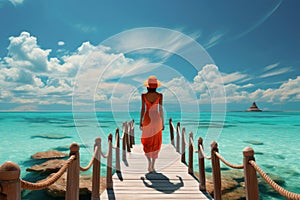Woman in an orange dress and hat walks across a bridge leading to a clear ocean against a blue sky with clouds
