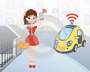 Woman ordering driverless taxi using mobile application. Cartoon female character with smartphone and car on city street