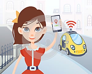 Woman ordering driverless taxi using mobile application. Cartoon female character with smartphone and car on city street