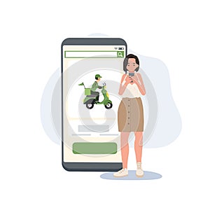 Woman ordering food from her smartphone. Online delivery concept. Flat vector cartoon character illustration