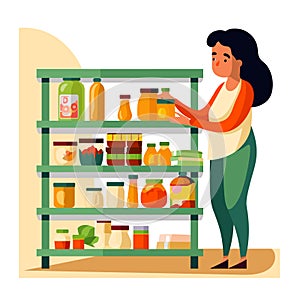 Woman organizing pantry shelves stocked various jars bottles preserved food. Cartoon female