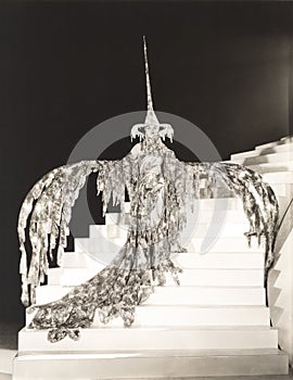 Woman in ornate bird costume standing on staircase
