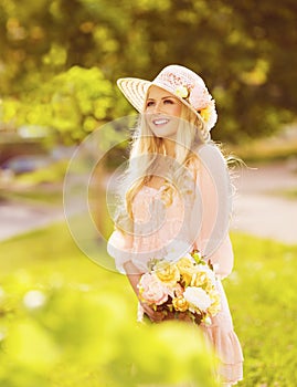 Woman Outdoors Fashion Portrait, Young Lady in Summer Hat Dress photo