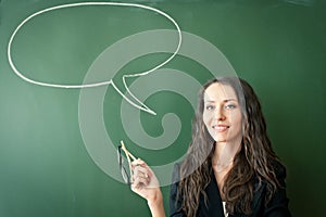 Woman over blackboard with cloud