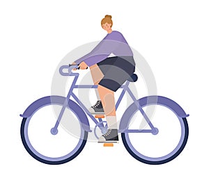 woman over a purple bycicle on a white background