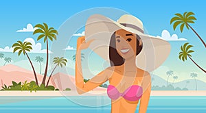 Woman Over Tropical Beach, Smiling Girl Wear Hat On Summer Sea Vacation