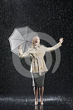 Woman In Overcoat With Umbrella Enjoying The Rain photo