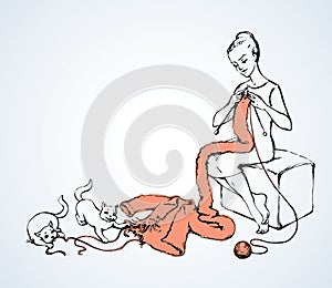 Woman overdone with knitting. Vector sketch drawing