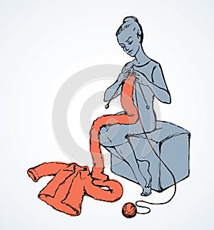 Woman overdone with knitting. Vector sketch drawing