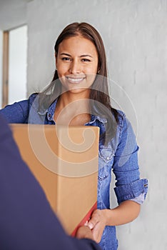 Woman, package and portrait with delivery, order and moving box for real estate and property. Cardboard, shipping and
