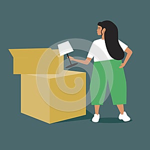 Woman packing, moving, isolated flat vector stock illustration as a concept of buying, renting an apartment, house