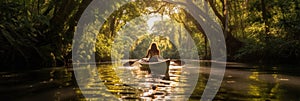 A woman paddling a canoe down a river. Generative AI image.