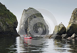 Woman Paddling on Packraft in Beautifull Place on Shikotan Island, Lesser Kuril Chain