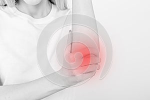 Woman with pain in elbow, joint inflammation on white background