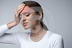 Woman Pain. Girl Having Strong Headache, Suffering From Migraine