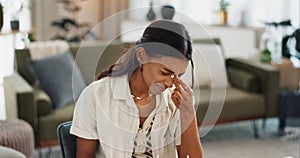 Woman, pain and headache in living room for stress, mental health or anxiety of fatigue, frustrated crisis or depression