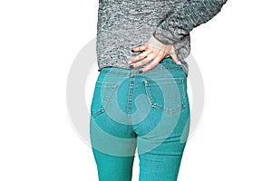 Woman, pain at lower back. Woman suffering from ribbing pain, waist pain