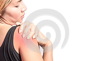 Woman pain right shoulder with inflammation