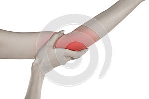 Woman with painful elbow on a white background