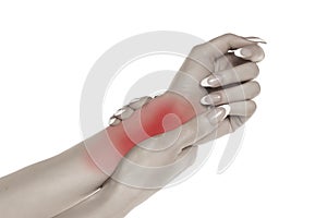 Woman with painful wrist on a white background