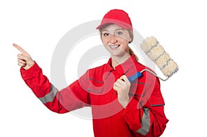 Woman painter in red coveralls isolated