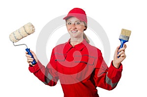 Woman painter in red coveralls isolated