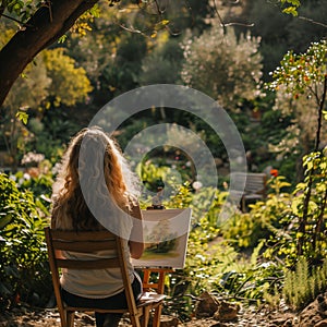 A woman painting alone in a peaceful garden