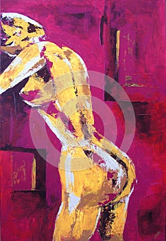 Woman Painting - Attitude - from Original Acrylic Painting - Red and Yellow Colors.