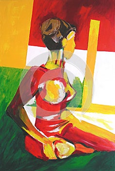 Woman Painting - Attitude with Window - from Original Acrylic Painting - Red, Green and Yellow Colors.