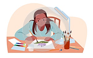 Woman painting creative picture on paper, workplace scene of designer drawing with brush