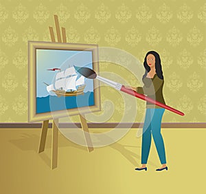 Woman painting ship, sailing boat on easel. Vector illustration.